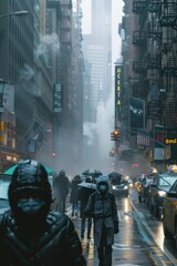 People wearing masks walk through a rainy and foggy urban street, with buildings and traffic creating a crowded and busy atmosphere.