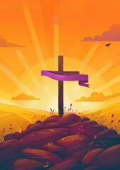 Radiant Cross on Hilltop: Symbol of Faith and Resurrection in Christian Art, Generative ai