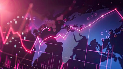 Obraz premium An upward trending line graph with a world map in the background, showing global growth.