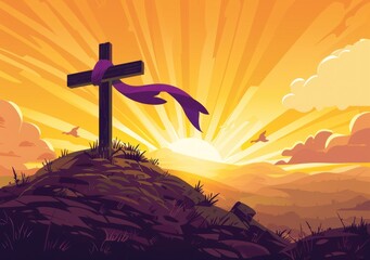 Sunrise Glory Over the Cross: A Symbol of Hope and Renewal on Easter Morning, Generative ai