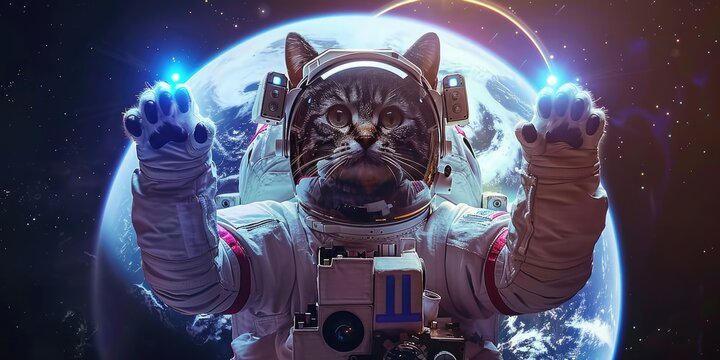 a image of a cat astronaut in space waving his hand