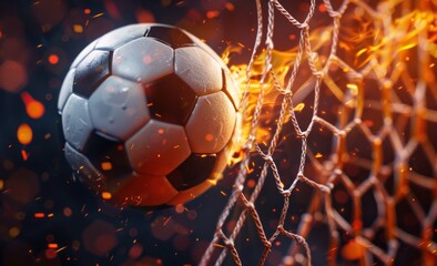 Fiery Goal: Soccer Ball Engulfed in Flames Scores in a Night Match, Generative AI