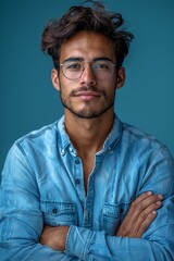Obraz premium A confident and handsome young man in jeans and shirt, standing against a white background.