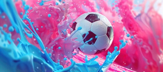 Soccer Ball Soaring Through a Dreamy Blue and Pink Paint Wave, Captured in Motion, Generative AI