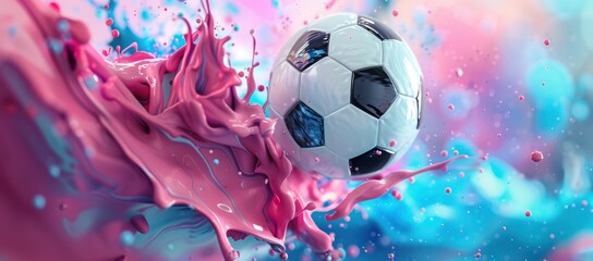 Soccer Ball Soaring Through a Dreamy Blue and Pink Paint Wave, Captured in Motion, Generative AI