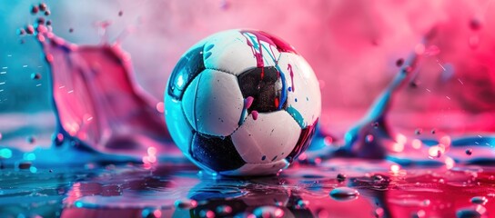 Soccer Ball Making a Splash in Vivid Pink and Blue Paint, Captured in Stunning Detail, Generative AI