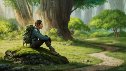a solitary female hiker resting on a moss-covered rock in the middle of a beautiful lush forest
