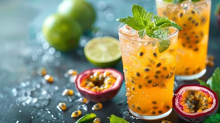 Exotic passion fruit sparkling water with a hint of lime and fresh passion fruit seeds, ideal for a tropical summer vibe