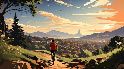 A father teaching his son how to ride a bike in a quiet suburban neighborhood, filled with pride and encouragement. Painting Illustration style, Minimal and Simple,