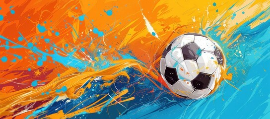 Dynamic Soccer Ball on a Canvas of Vivid Pink and Blue Brush Strokes, Art in Motion, Generative AI
