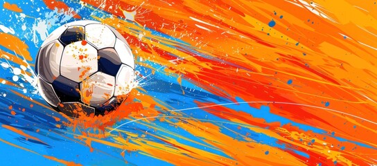 Dynamic Soccer Ball on a Canvas of Vivid Pink and Blue Brush Strokes, Art in Motion, Generative AI