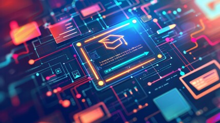Fototapeta premium Digital background featuring icons of education and technology, such as a computer screen with academic symbols like the graduation cap or pencil on it, surrounded by digital data visualizations. 