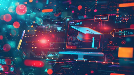 Digital background featuring icons of education and technology, such as a computer screen with academic symbols like the graduation cap or pencil on it, surrounded by digital data visualizations. 