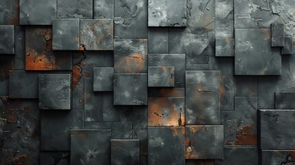 Abstract industrial background with dark textured metal squares and subtle warm rust accents creating a unique geometric pattern.