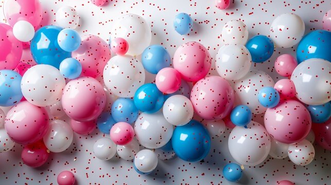 A celebratory wall of pastel pink, blue and white balloons with confetti scattered across the background.