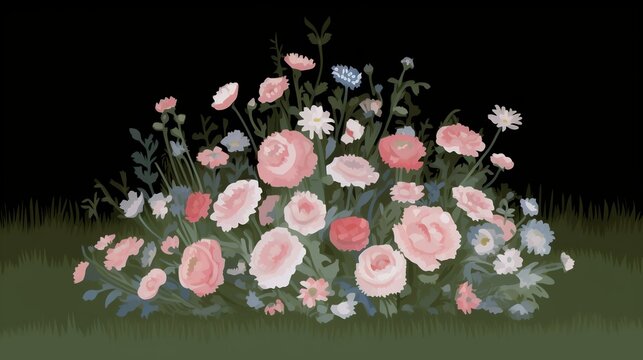 A couple cuddling on a blanket during a summer picnic in a blooming field of wildflowers, savoring the simple joys of nature. Painting Illustration style, Minimal and Simple,