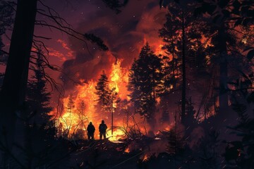 Two firefighters battle a massive forest blaze under a night sky, surrounded by towering flames and dense smoke.