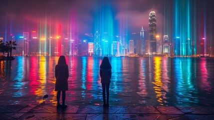 Obraz premium Rainbow-colored lights on iconic buildings, city night scene