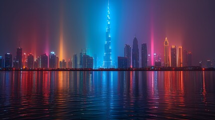 Fototapeta premium Rainbow-colored lights on iconic buildings, city night scene