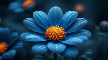 Close-up photo of blue flower with orange center and water droplets against blurred dark background