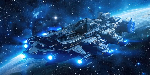 Naklejka premium Massive Spaceship Navigating Through Space