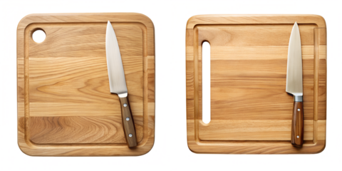 Wooden cutting board with knife top view, highly detailed isolated on transparent background PNG file