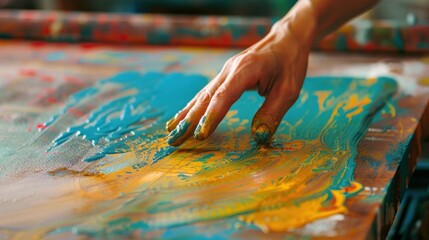 Obraz premium Close up view hand pressing silk-screen printing