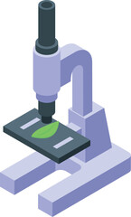 Digital illustration of an isometric microscope analyzing a green sample on a slide