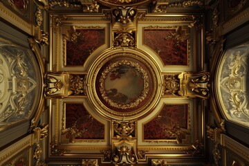 Fototapeta premium Lavish antique baroque, barocco ornate marble ceiling frame non linear reformation design. elaborate ceiling with intricate accents depicting classic elegance and architectural beauty