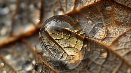 Close-up of raindrop magnified on delicate leaf skeleton, HD quality.