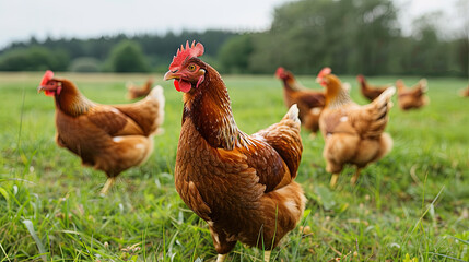 Fototapeta premium Chicken farm, chickens running and grazing on the grass