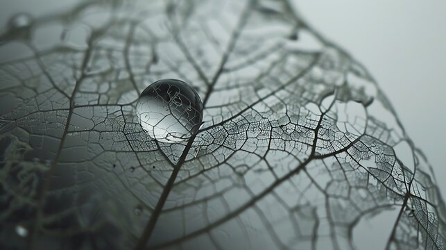 Close-up of raindrop magnified on delicate leaf skeleton, HD quality. - Powered by Adobe