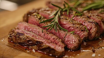 Close-up of sliced steak with a crispy crust and juicy, rare inside, garnished with rosemary