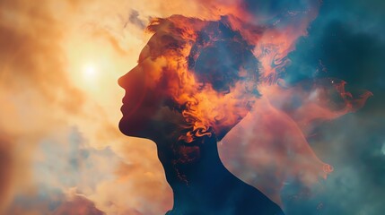 Supernatural forces, ethereal energies, focus on, vivid hues, double exposure silhouette with mystical aura