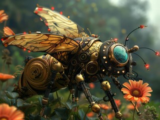 A robot bee with intricate gears and glowing eyes hovers above a field of orange flowers.