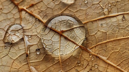 Close-up of raindrop magnified on delicate leaf skeleton, HD quality.