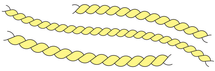 Straight and wavy rope, black monochrome silhouette and outline. Flat vector illustration isolated on white background.