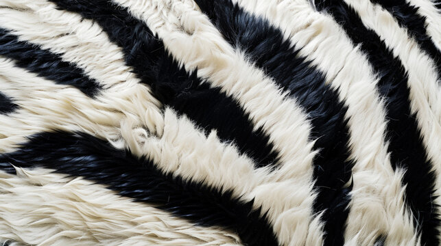 Fluffy animal zebra print. Closeup of artificial fur texture. Monochrome. Fashion background. Generative AI