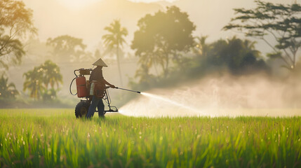 Obraz premium Asian farmer with machine and spraying chemical or fertilizer to young green rice field