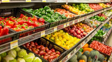 An image of a grocery store aisle filled with various types of fresh food