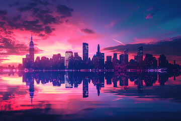 Modern cityscape silhouette with neon lights and a twilight horizon.