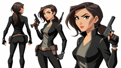 Set Of Woman With Gun In Different Pose, Collection Featuring Women in Dynamic Gun Pose
