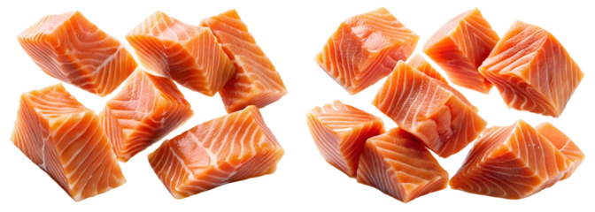 Falling Raw Salmon slices highly detailed isolated on transparent background PNG file, clipping path, cubes of red fish, for sushi or salad, macro