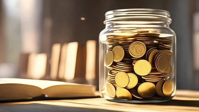 gold coins in a jar on bokeh background. money saving, money matters tips to investment and business financial banking for Financial save money concept