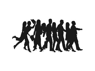 Happy people walking silhouettes set. Black silhouettes of beautiful mans and womans. Young people in trendy street style clothes. Black color vector illustration isolated on white background.