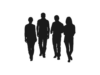 Happy people walking silhouettes set. Black silhouettes of beautiful mans and womans. Young people in trendy street style clothes. Black color vector illustration isolated on white background.