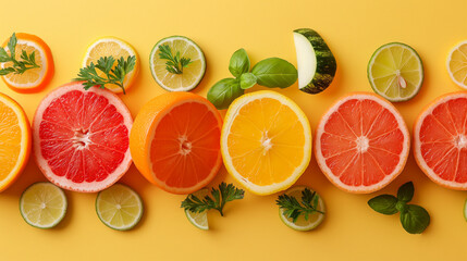 Colourful flat lay view sliced fruits and vegetables on yellow background.
