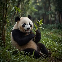 Obraz premium Pandas eating bamboo trees