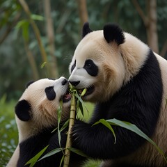 Naklejka premium Pandas eating bamboo trees