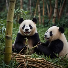 Fototapeta premium Pandas eating bamboo trees